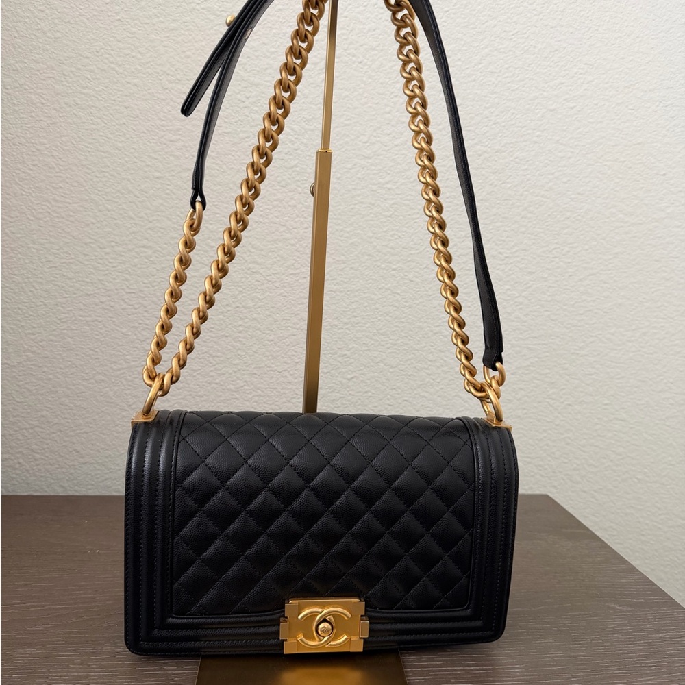 Chanel Caviar Boy Bag Quilted Shoulder Bag with Gold Chain
